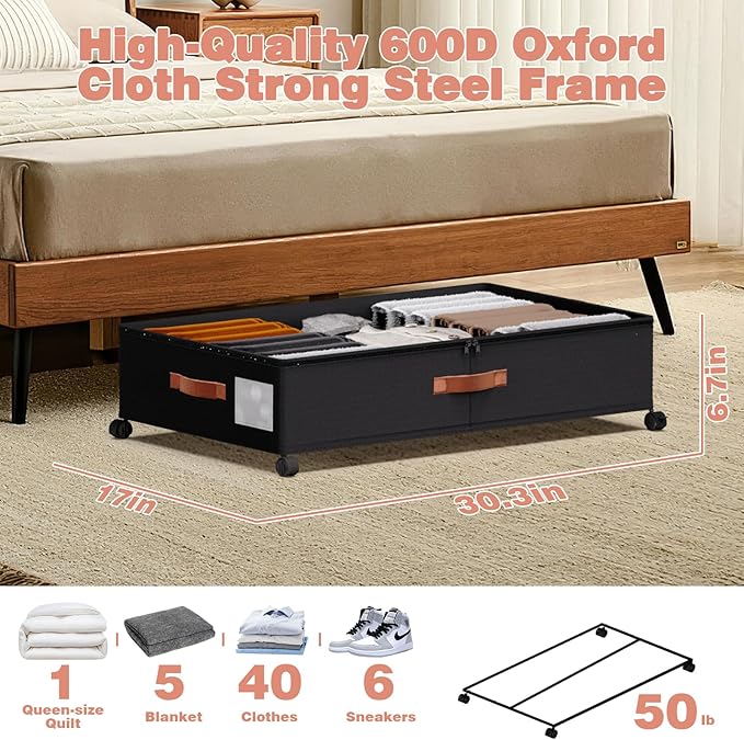 Under Bed Storage 2 Pack 66L for Dorm & Small Apartment - Rolling Containers with Wheels & Clear Lid, Metal Frame, Adjustable Dividers for Clothes/Shoes/Blankets, Easy Roll & See Inside, Black