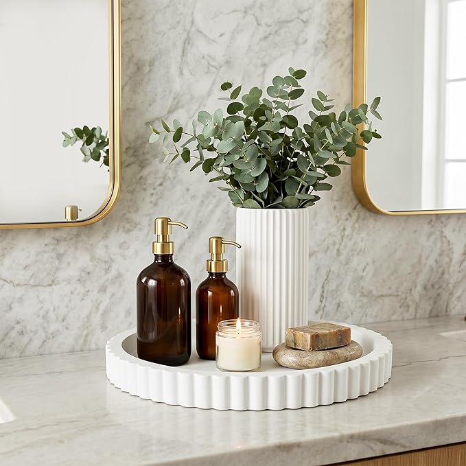 Decorative Tray for Coffee Table, 11.4" Modern Minimalist Wooden Round Decor Tray for Kitchen, Living Room, Home Decor, Tv Stand, Bathroom Sink, Entryway, White Color