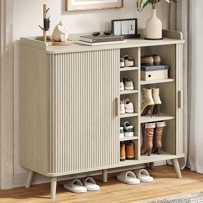 ONBRILL Shoe Cabinet with Sliding Door, 5-Tier Hidden Shoe Rack with Adjustable Shelves, Wooden Shoe Storage Organizer with Open Bottom Space, Freestanding Shoe Shelf for Entryway (Natural White)