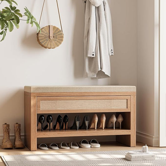 32” Shoe Bench with Storage Drawer, Farmhouse Entryway Bench with Linen Seat Cushion, Wooden Shoe Rack with Shelf for Entryway Hallway Living Room Bedroom, Oak