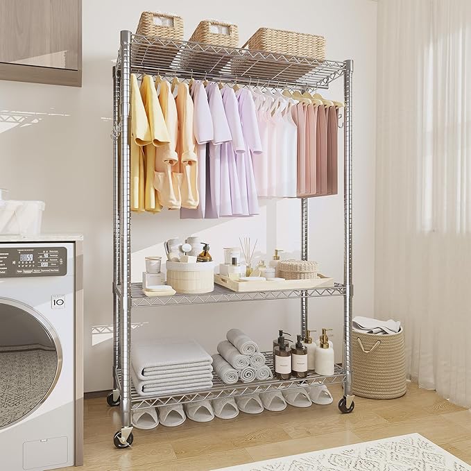 3-Tier Rolling Metal Garment Rack with Adjustable Shelves and One Hanging Rods, Heavy Duty Freestanding Clothing Organizer with Wheels for Bedroom, Closet, Dorm, or Laundry Room