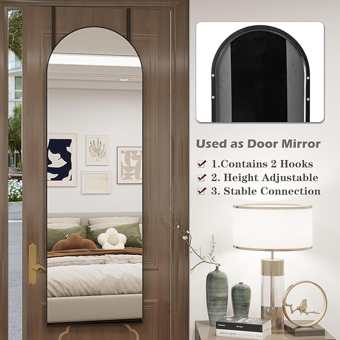 Door Mirror, Arched Full Length Mirror Over The Door, 16"x 50" Hanging or Wall Mirrors, Full Body Mirrors,Black