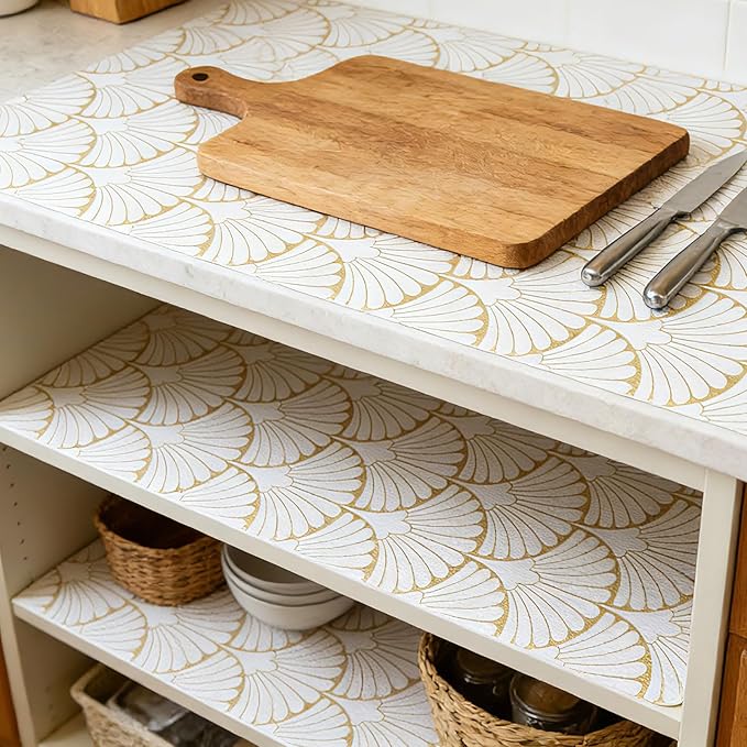 Shelf Liners Non Adhesive Gold Background White Fan-Shaped Pattern - Thickened Non-Slip Easy to Clean Drawer Liner for Kitchen Cabinets, Tool Box,Refrigerator,with Knife & Tape Measure,12in x 10FT