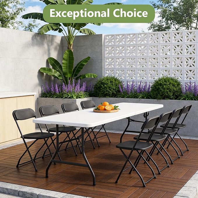Folding Table 2 Pack, 8FT Folding Table Portable with Built-in Handle, Heavy Duty Plastic Table with Steel Legs Supports to 300lbs, Suitable for Party, Camping, Events Indoor&Outdoor Use, White
