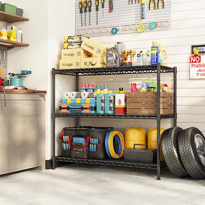 DurayLoly 35.6" W Storage Shelves, 3 Tier Adjustable Metal Shelving Unit Heavy Duty Steel Wire Rack for Kitchen,Laundry,Pantry,Office,Garage, Closet,Black(35.6" Wx14 Dx35.6 H)
