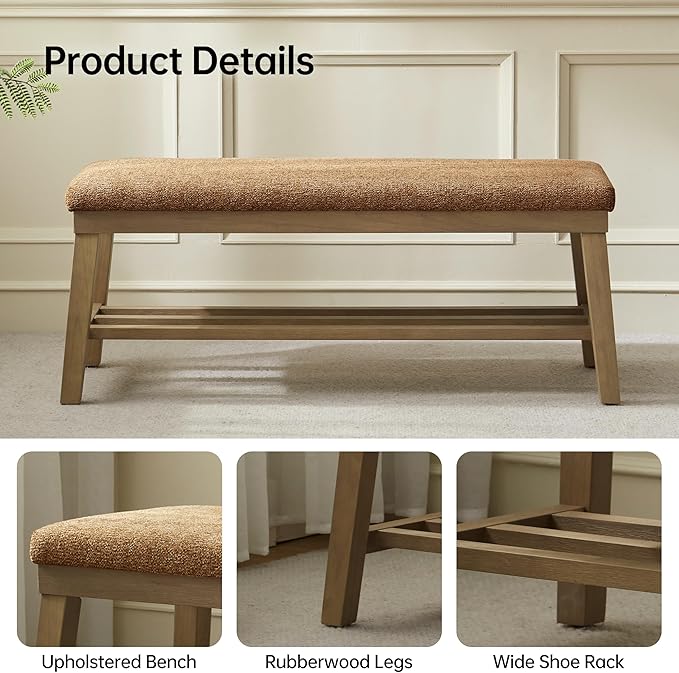 VKNOW Entryway Bench, 44.4" Upholstered Shoe Storage Bench for Entryway & Bedroom, Shoe Bench with Rubberwood Legs, Modern End of Bed Storage Bench for Living Room and Hallway, Orange