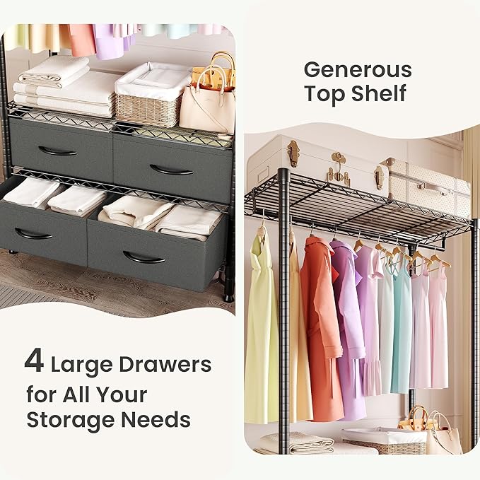35-Inch Freestanding Garment Rack with Adjustable Shelves and Four Fabric Drawers, Heavy Duty Clothing Organizer for Bedroom, Closet, or Dorm, Black