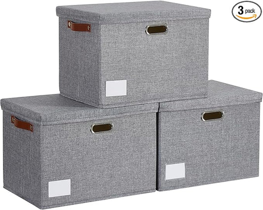 15" Large Collapsible Storage Bins with Lids, Stackable Closet Organizers with PU Handle and Labels, 3-Pack Decorative Fabric Storage Boxes for Home, Bedroom, Closet, Office, Nursery(Gray)