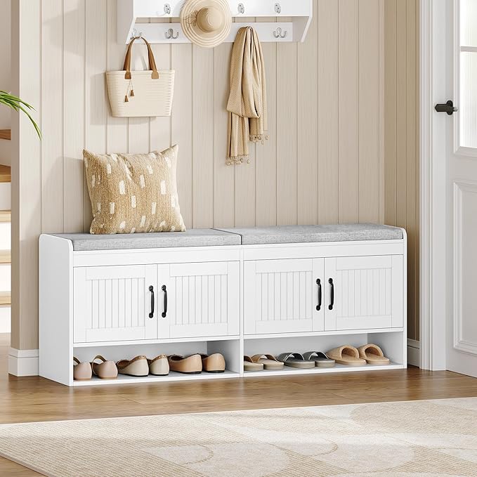 Hzuaneri 55.1" Shoe Storage Bench, 3 Tier Entryway Shoe Bench with Padded Cushion & 4 Doors & Adjustable Shelves, 18-21 Pairs of Bed End Benches, Modern Shoes Rack Benches for Bedroom, White SB41403GY