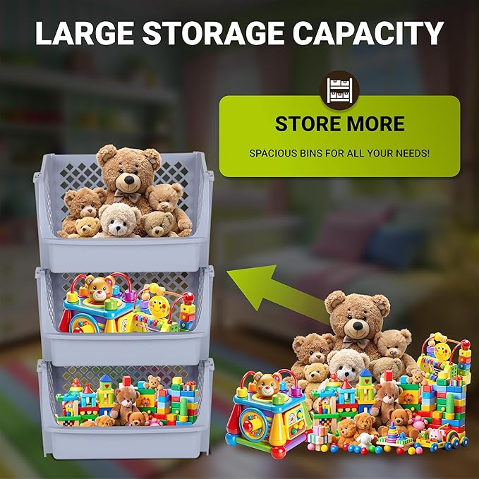 TidyFriend 3 Pk XLarge Stackable Storage Bins Open Front for Pantry Organizers & Storage, Pantry Storage for Food, Kitchen & Home Organization, Plastic Storage Bins, Dorm Room Essentials (Light Grey)