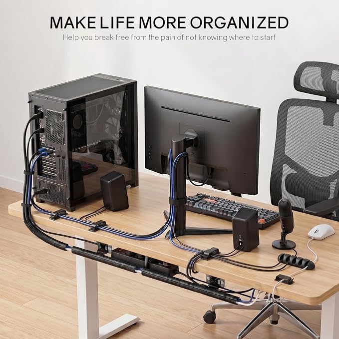 285 PCS Cable Management Kit - 4 Cable Sleeve Split, 50 Adhesive Cable Clips, 9 Cable Holder, 2 Roll Cable Organizer Straps, 200 Cable Zip Ties with 20 Mounts, for Computer TV Under Desk - Black