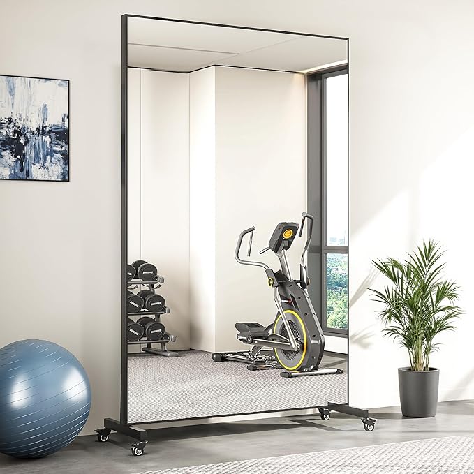 Suidia 72"x40" Extra Large Full Length Mirror on Wheels, 360° Swivel Rolling Mirror Floor, HD Tempered Glass Full Body Standing Mirrors for Home Gym, Yoga, Dance Studio, Bedroom, Rectangular, Black