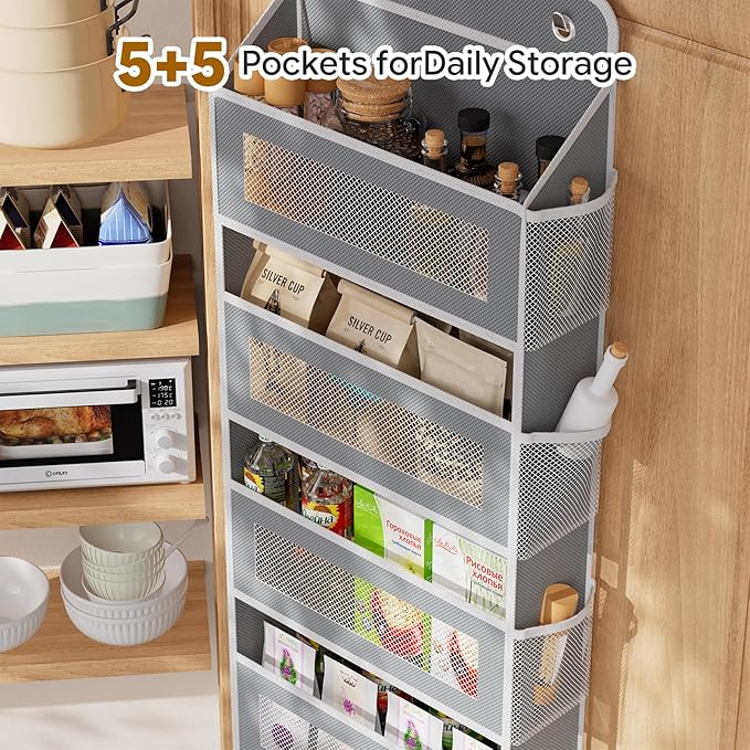 Simple Trending Over The Door Hanging Organizer, 5-Tier Shelves with 5 Large & 5 Side Pockets, Anti-Tilt Heavy Duty 44 lb Capacity Behind Door Storage for Bedroom, Bathroom, Pantry, Nursery, Grey