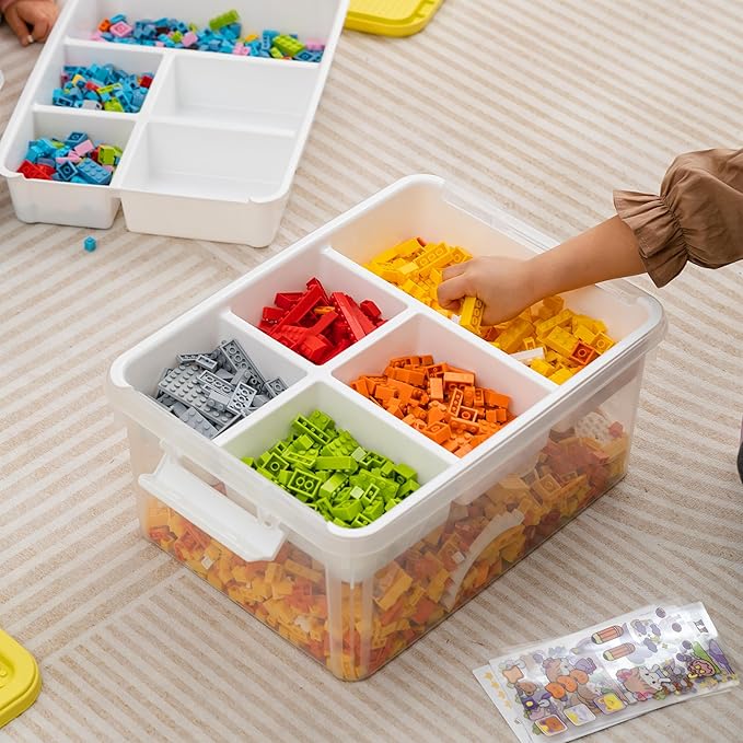 Citylife 17 QT Plastic Storage Box with Building Baseplate Lid and Removable Tray Craft Organizers and Storage Clear Storage Container for Organizing Bead, Tool, Sewing, Yellow-4 Packs
