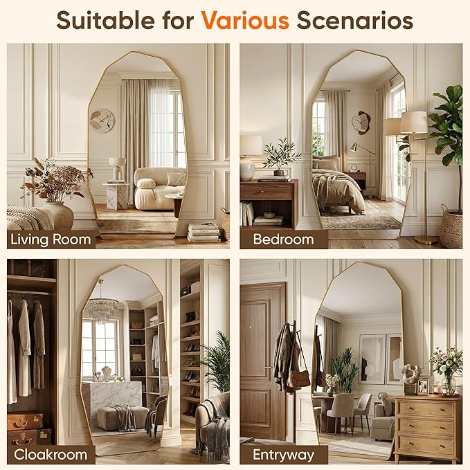 Antok Full Length Mirror, 71"x32" Floor Mirror, Free Standing Wall Mounted or Leaning Full Body Mirror with Aluminum Alloy Frame, Diamond Irregular for Bedroom Entryway Cloakroom, Gold
