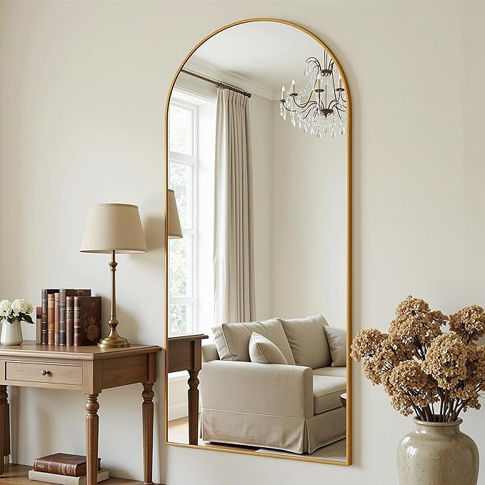 Antok Full Length Floor Mirror Arched Standing Mirror with Aluminum Frame - Freestanding Wall Mount Leaning Body Mirror for Bedroom Living Room Entryway, 71" L x 32" W, Gold