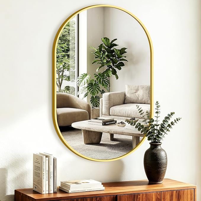 TRAHOME Oval Bathroom Mirror, 24"x36" Gold Vanity Mirror for Over Sink, Bedroom, Living Room, Entryway, Modern Mounted Metal Frame Wall Mirror