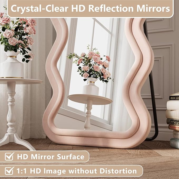 Wavy Full Length Mirror, 63"x24" Flannel Mirrors Full Length with Stand, Full Boby Mirrors for Bedroom, Living Room, Cloakroom, Hanging Leaning Wall Mirror, Pink