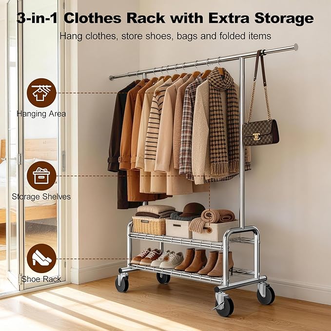 Heavy Duty Clothing Rack with Shelves, 660 LBS Capacity Rolling Metal Clothes Rack with Lockable Wheels, Garment Rack for Bedroom, Laundry Room, Portable Closet Organizer, Silver