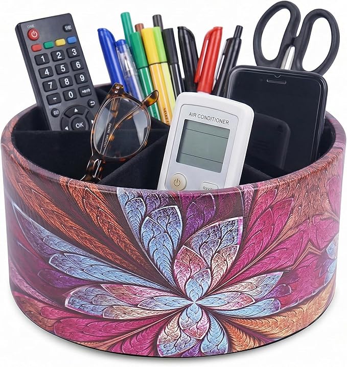 Remote Control Holder, 360°Spinning PU Leather Desk TV Remote Caddy,Desk Storage Box Room Accessories for Controller, Media,Mail,Calculator, Mobile Phone,Pencil(1B-Purple Flower)