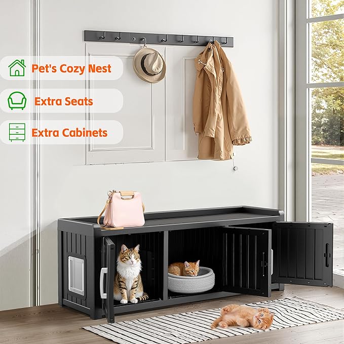 DRATO Indoor Outdoor Shoe Storage Cabinet, Shoe Bench Entryway with Adjustable Shelves, Multifunctional Resin Storage Bench for Entryway Foyer Hallway (Black, 3 Doors with Windows)