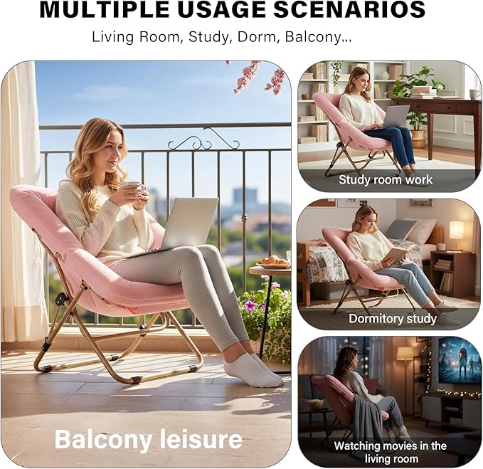 Tiita Comfy Folded Chair, Soft Faux Fur Oversized Folding Accent Chair, Lazy Chair for Teens Adults, Metal Frame Moon Chair for Bedroom, Living Room, Dorm Rooms, X-Large Pink