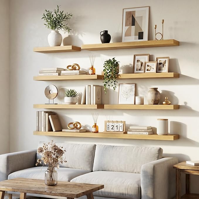 Venusmiles Floating Shelves for Wall, 55 Inch Floating Shelves Set of 1, 6.5" D Wooden Wall Mounted Display Shelves with Invisible Brackets for Living Room, Bedroom, Bathroom, Kitchen Decor, Oak