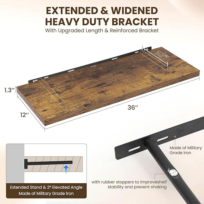 Dreamland 36" Floating Shelves for Wall, 12" Deep Slim Rustic Brown Floating Shelves, Wall-Mounted Shelves for Bedroom, Living Room, Kitchen, Bathroom - Set of 2