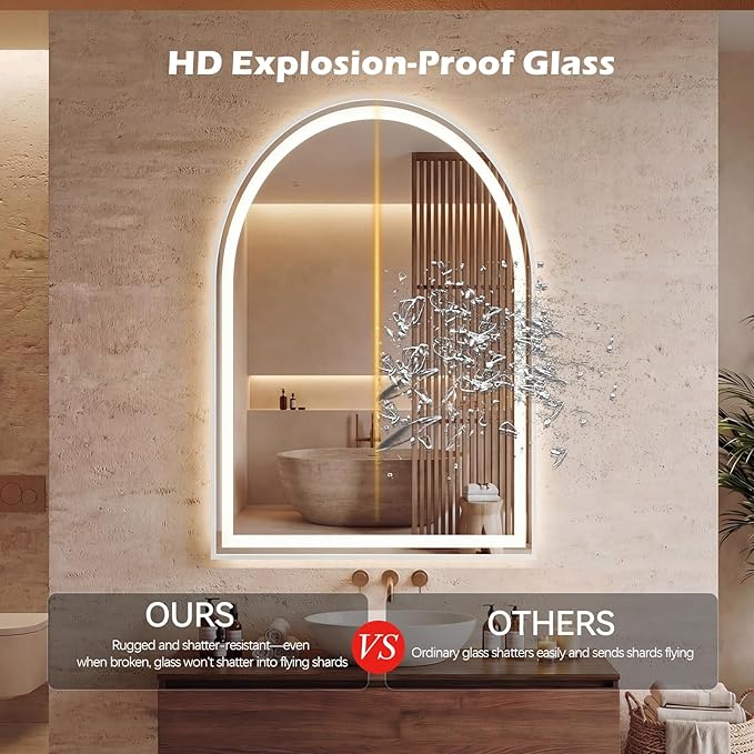 Sweetcrispy 24"×36" LED Arched Bathroom Mirror with Lights, Arched Lighted Bathroom Vanity Mirror with Anti-Fog, Dimmable, 3-Color Light, Memory Function, Tempered Glass