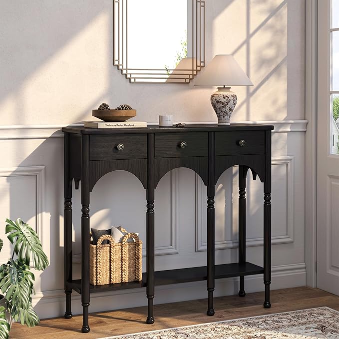 Console Table with 2 Drawers & Shelf, 40" Mid-Century Modern Entryway Table, Retro 2-Tier Sofa Table, Wooden Accent Table for Living Room, Hallway, Brown
