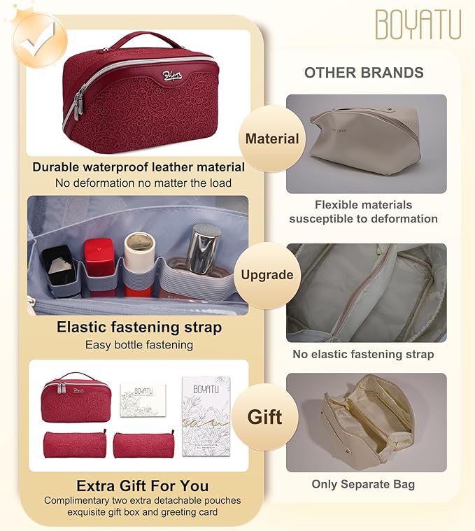 BOYATU Travel Makeup Bags Cosmetic Organizer Bag: 3 Pcs Set Large Capacity Make up Bag with Compartments - Waterproof Leather Toiletry Bags with Handle for Women (A-Red)