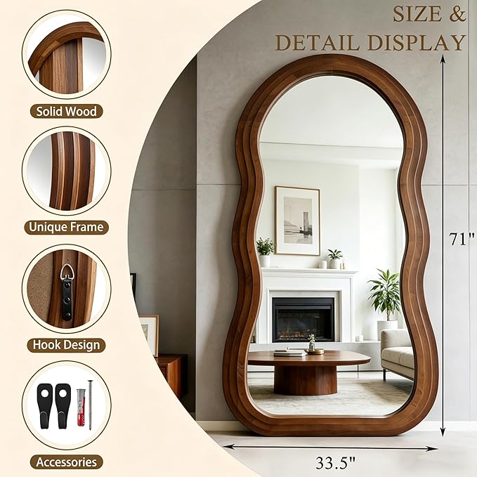 Wavy Full Length Mirror, 71"x33.5" Oversized Organic Floor Mirrors with Triple-Layer Solid Wood Frame, Irregular Full Body Mirror for Living Room Entryway Hallway Cloakroom, Leaning/Hanging