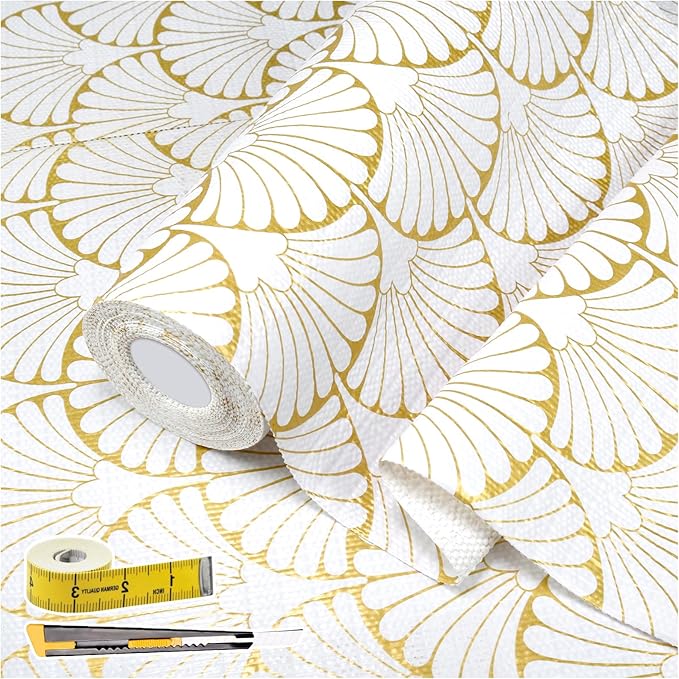 Shelf Liners Non Adhesive Gold Background White Fan-Shaped Pattern - Thickened Non-Slip Easy to Clean Drawer Liner for Kitchen Cabinets, Tool Box,Refrigerator,with Knife & Tape Measure,12in x 20FT.
