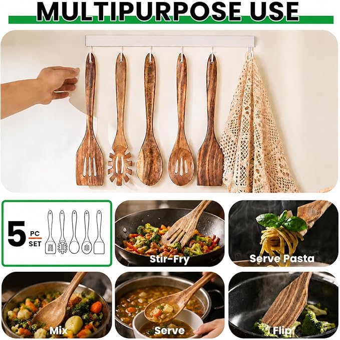 Solidith Acacia Wooden Spoons for Cooking, 5-Piece Wooden Kitchen Utensil Set with Spatula, Slotted Spoon & Pasta Fork, Non-Stick Safe Cooking Utensils, Durable Natural Wood Kitchen Tools Gift Set