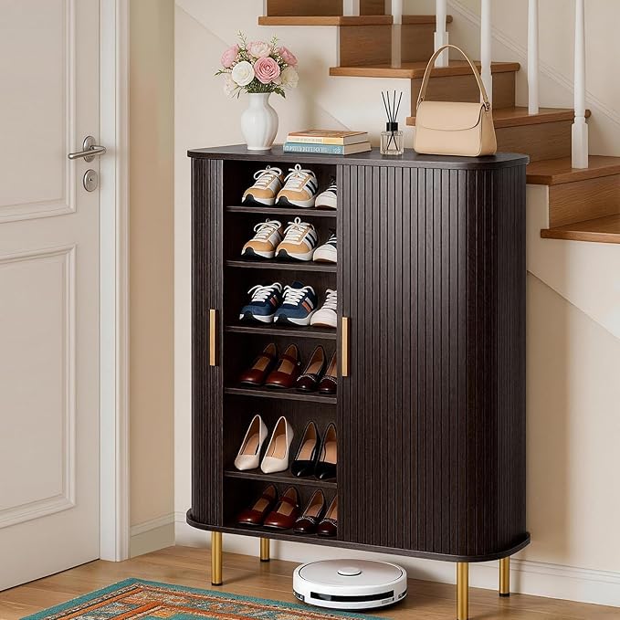 DHH Shoe Storage Cabinet with Sliding Door, 6-Tier Shoe Cabinet with Adjustable Shelves, Modern Freestanding Shoe Storage Organizer for Entryway, Hallway, Living Room (Dark Walnut, 31.5 ")