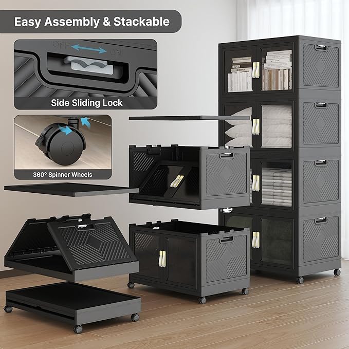 UAMFURI Stackable Storage Bins with Lids, Clear Doors, Large Storage Cabinet Foldable Collapsible Closet Organizers for Bedroom Dorm Office (4, Black, 160, Quarts)