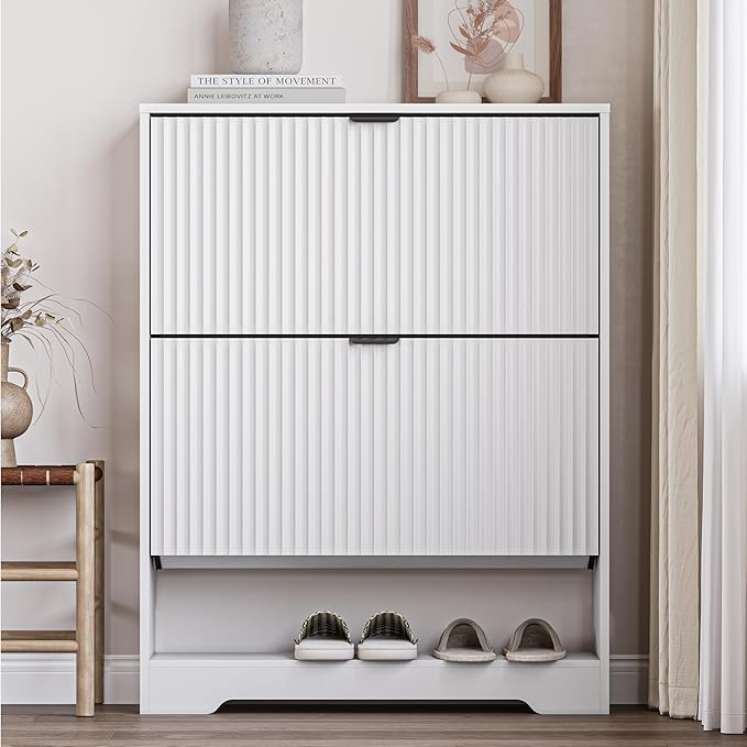BORNOON Shoe Cabinet with 2 Flip Drawers, Fluted Shoe Storage Cabinet with Adjustable Shelves, Freestanding Rack and Organizer for Entryway, Closet, Hallway