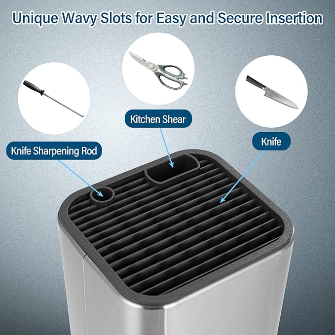 Universal Knife Block, Knife Holder without Knives, Stainless Steel Knife Storage Block for 3.5" to 8" Knives, with Slots for Scissors and Sharpening Rod,for Kitchen Counter