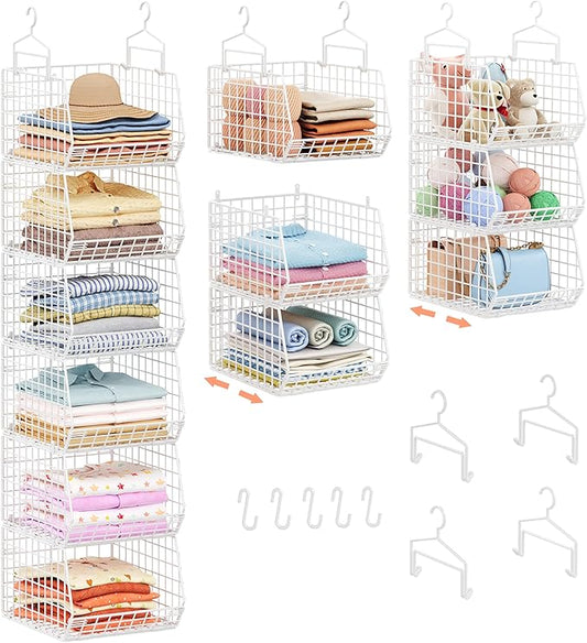 6 Tier Extended Depth Hanging Closet Organizer, Closet Storage Hanging Shelves with Hanging Hooks for Clothes Sweaters Towels Handbags, Stackable Metal Mesh Bins For Closet, Laundry, Bathroom, Dorm