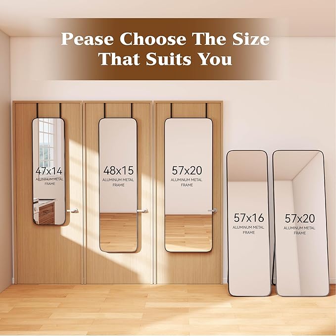 NARCISSUS 47x14 Mirror Door Hanging Full Length,Over Door or Wall Mounted Aluminum Alloy Frame Tempered Glass Rectangle Full Body Mirrors for Bedroom Dressing Living Room Bathroom 47 inch Black