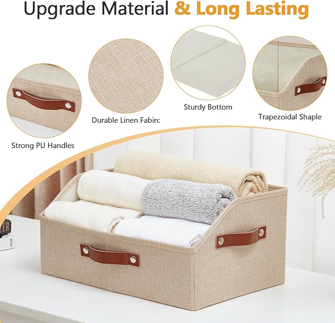 Bagnizer Closet Organizers and Storage, Linen Trapezoid Storage Bins with Handles, Collapsible Shelf Organizer for Blanket, Towel, Clothes, Hats, Purse (Khaki)