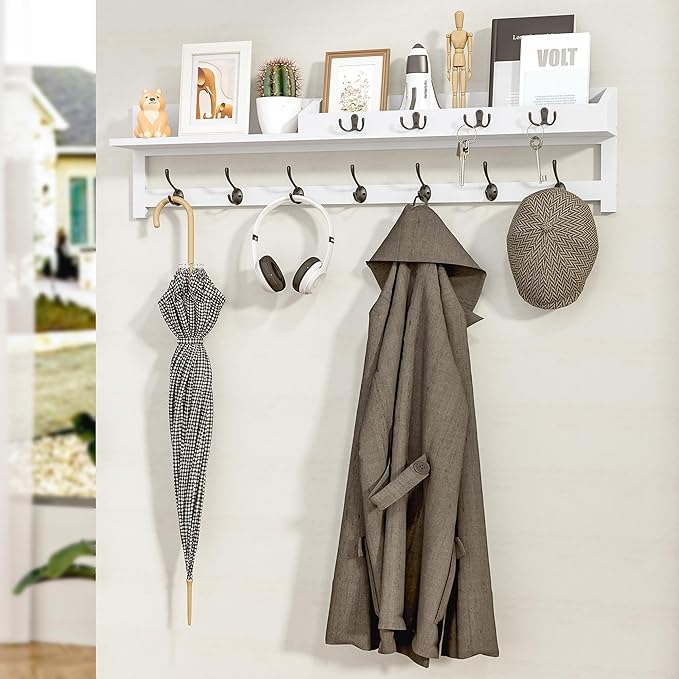 AMBIRD 35 inch Coat Rack Wall Mount, Extra Long Coat Hooks Wall Mount, Entryway Shelf with 7 Dual Coat Hooks 4 Key Hooks Mail Organizer, Wooden Wall Coat Rack with Hooks, Key Holder Rack (White)