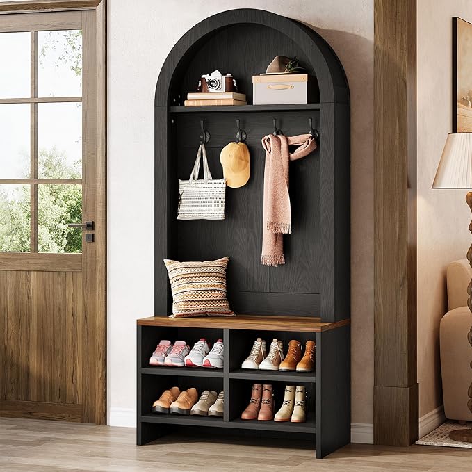 Tribesigns Arched Hall Tree with Bench and Shoe Storage, 70.87" H Tall Coat Rack with Shoe Bench, 4-in-1 Entryway Coat Rack with 4 Hooks & Storage Cubbies, for Mudroom, Hallway, Bedroom, Black＆ Brown
