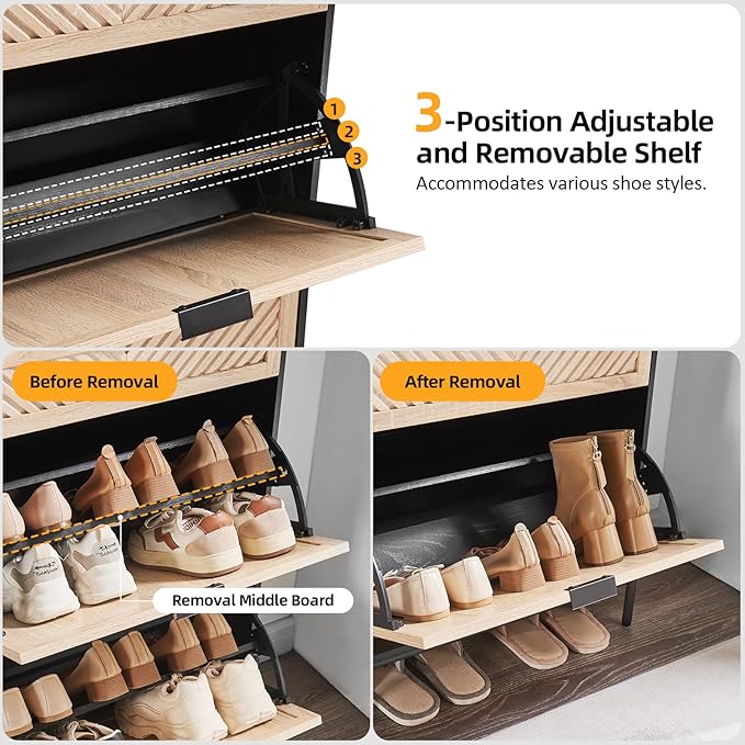Shoe Cabinet Storage with 2 Flip Drawers, Narrow Hidden Shoes Organizer Cabinet for Entryway, Freestanding Slim Shoe Rack Front Door Entrance(Oak&Black)