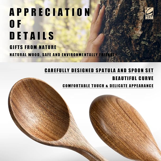 HSM Wooden Spoons for Cooking – 6-Piece Wooden Utensil Set, Non-Stick Safe, Easy-to-Clean Natural Acacia Wood Kitchen Utensils, Ideal for Cooking, Stirring, and Serving at Home