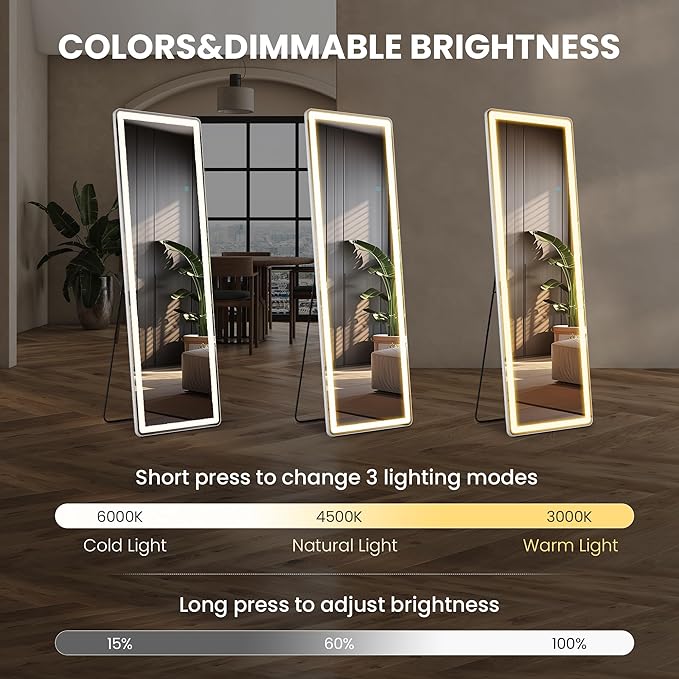 NEWBULIG 60"x16" Full Length Mirror with Light, 3 Color Lighting Full Body Floor Mirror with Aluminum Alloy Thin Frame, Wall or Standing Mirror for Bedroom, Living Room, Dressing Room, White