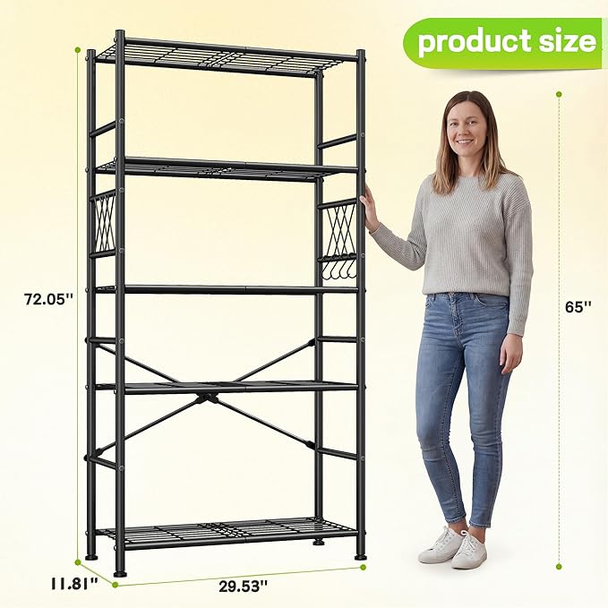 5-Storage Shelves Wire Shelving with Hooks, Metal Shelving Units Shelf Organizer, Wobble-Free Storage Rack with Adjustable Leveling Feet for Kitchen Pantry Laundry Bathroom Dorm,12"D x 30"W x 72"H