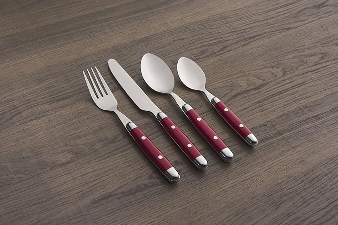Cambridge Silverware Sets, Jubilee Red 16-Piece Flatware Set, Red Thick Handles, Service For 4, 18/0 Stainless Steel, Dishwasher Safe, Knives Spoons Forks, Kitchen Utensils Set (Red/Silver, 16 Piece)
