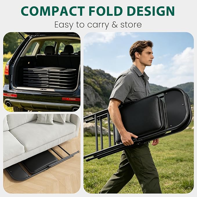 4 Pack Padded Folding Chairs, Portable Metal Foldable Chairs with Cushion, PU Leather Sturdy Indoor Outdoor Seating for Home, Office, Party, Black