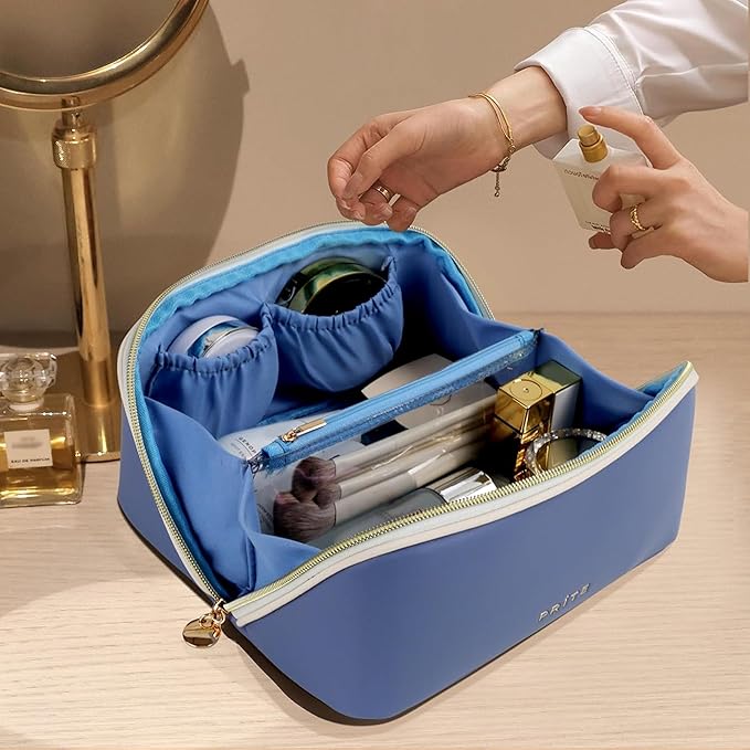 Prite Makeup Bag for Women Travel Waterproof Vegan Leather Cosmetic Bag Open Flat Toiletry Bag With Clear Divider and Handle (Blue, Medium)